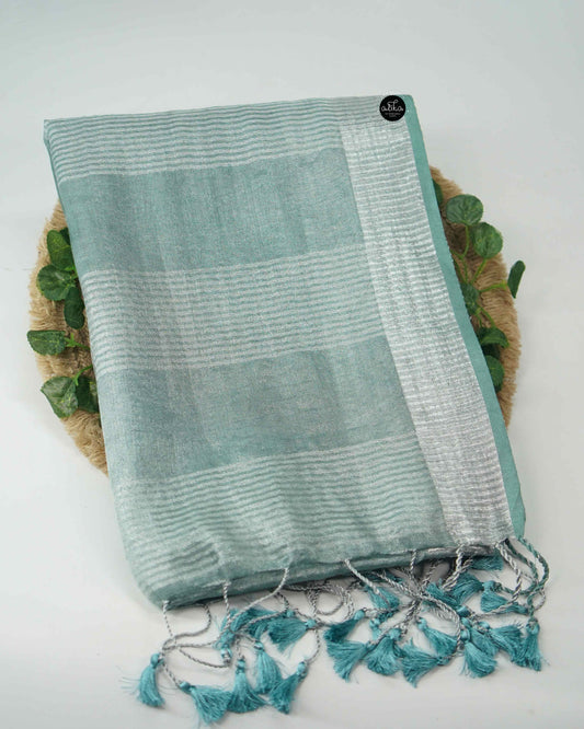 Light Aqua Green Pure Linen Saree with Zari Work & Silver Border