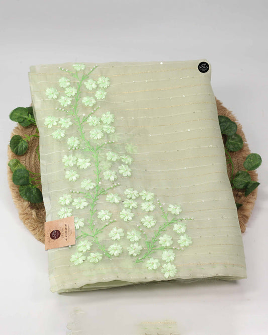 Light Pista Green Organza Saree with Floral Ribbon Embroidery