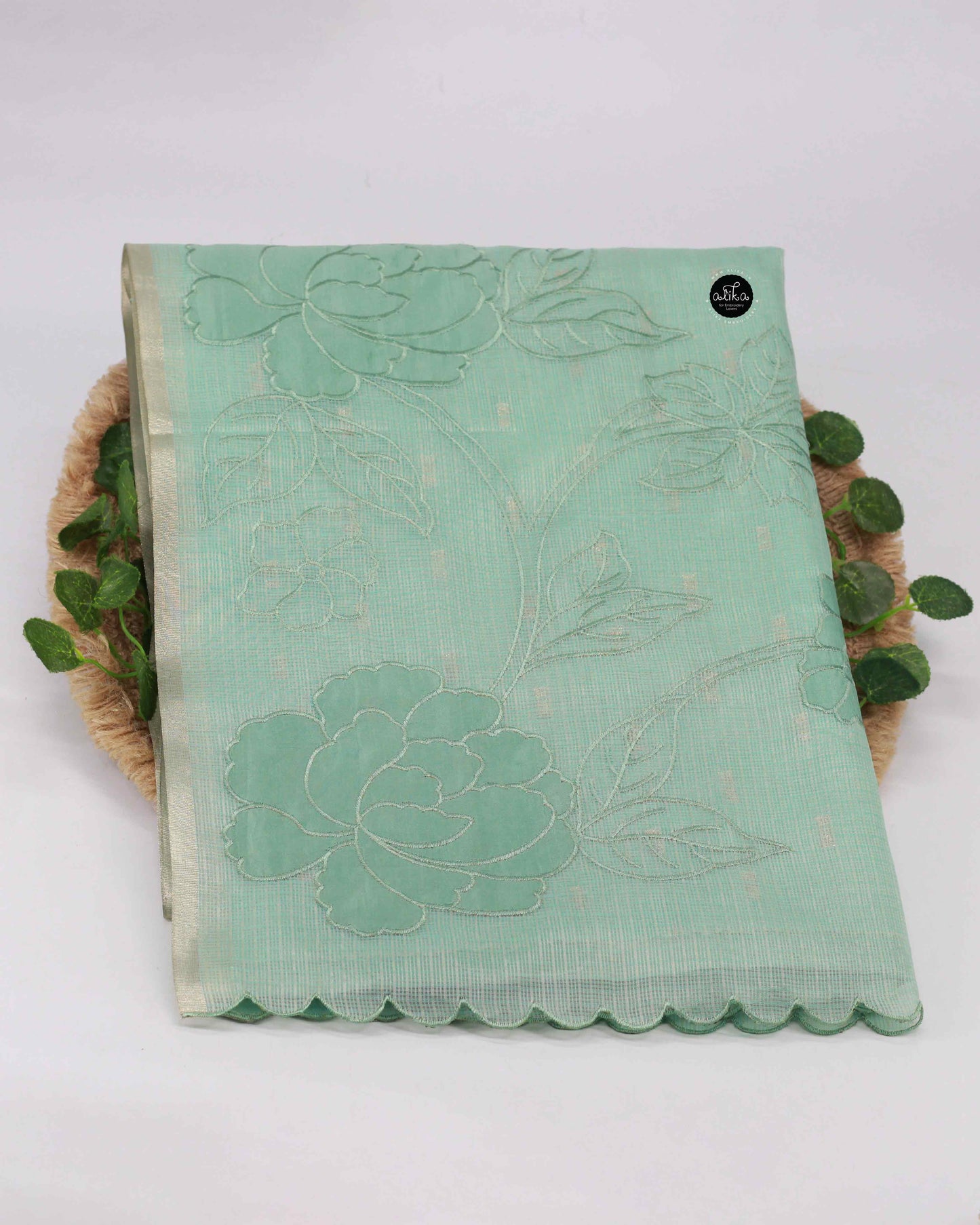 Light Aqua Green Semi Organza Saree with Floral Appliqué – Luxury Designer Wear