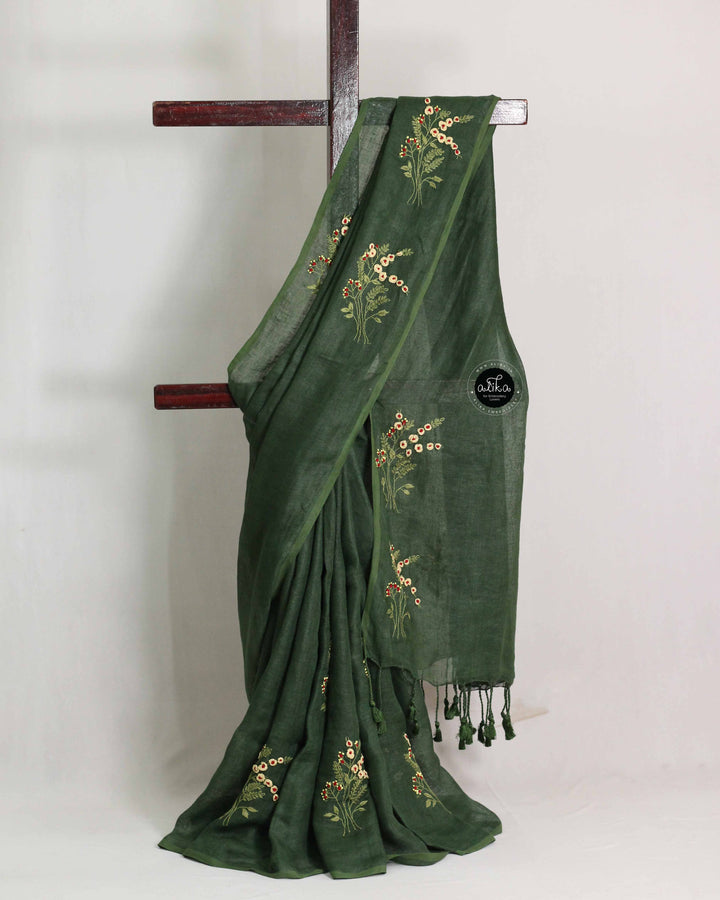 Dark Olive Green Pure Linen Saree with Floral Hand Embroidery