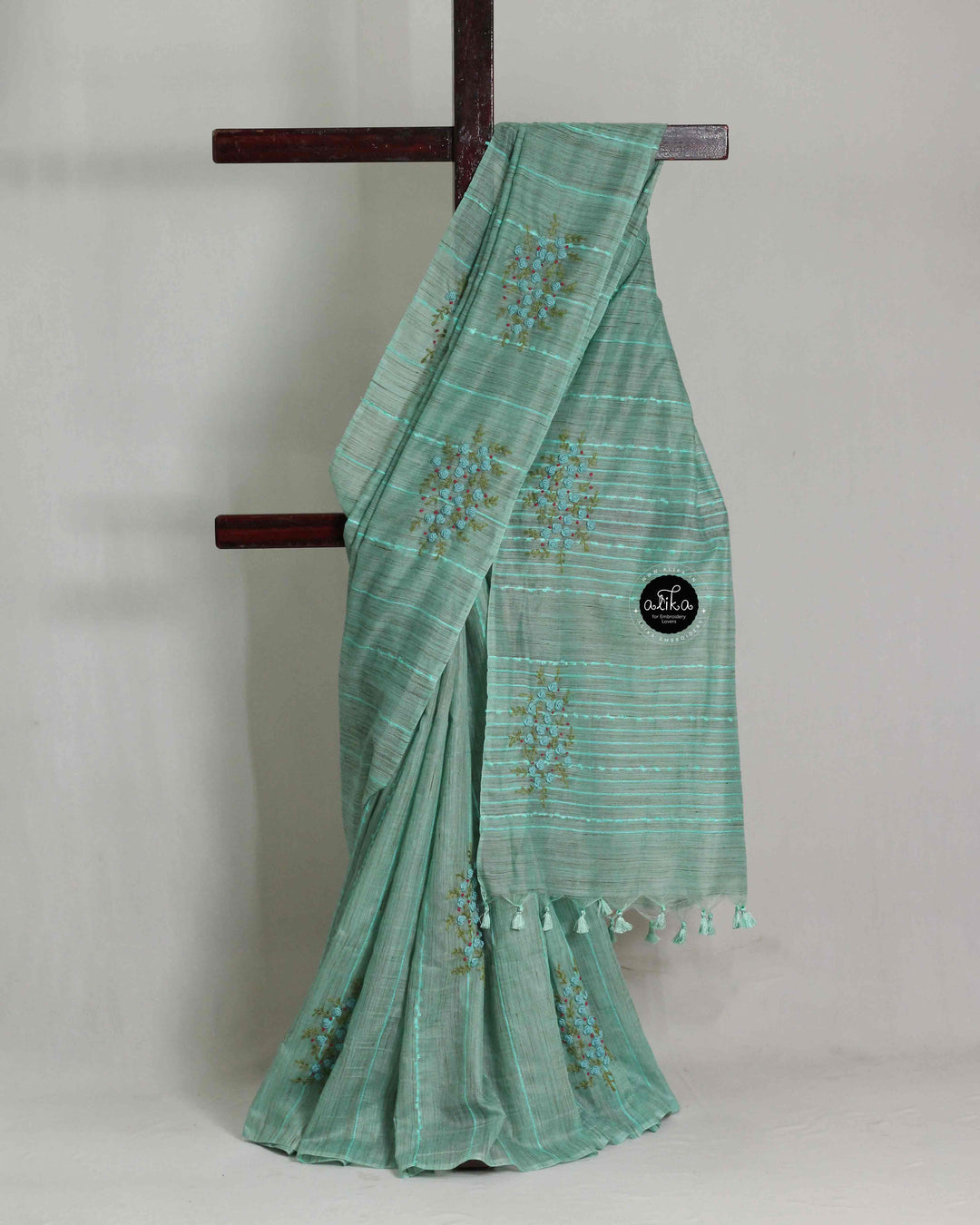 Sea Blue Bamboo Silk Saree with Floral Hand Embroidery