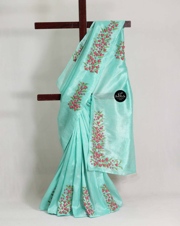 Turquoise Blue Designer Silk Saree with Floral Hand Embroidery