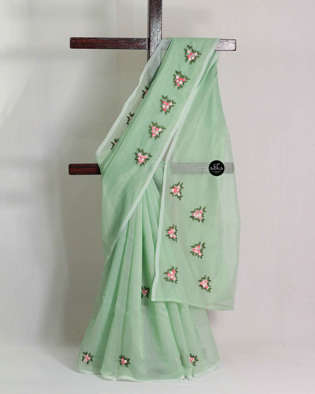 Pistachio Green Kota Saree with Floral Hand Embroidery
