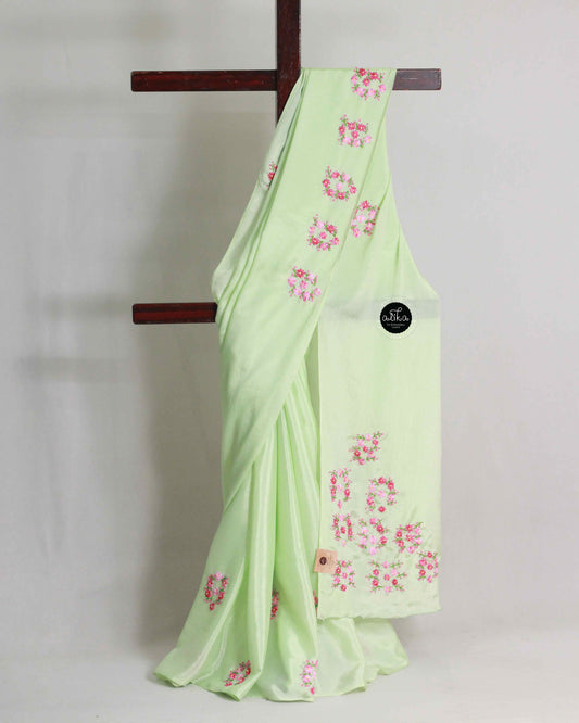 Pastel Green Georgette Saree with Floral Hand Embroidery – Elegant Party Wear