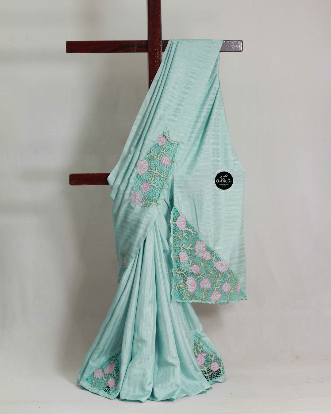 Pastel Blue Semi Silk Saree with Floral Cutwork