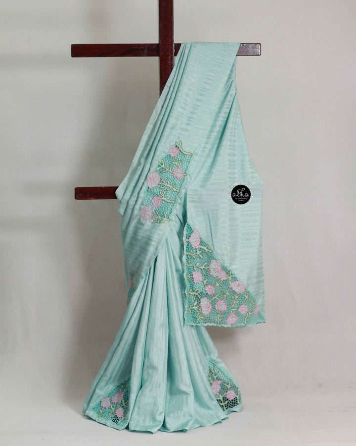 Pastel Blue Semi Silk Saree with Floral Cutwork