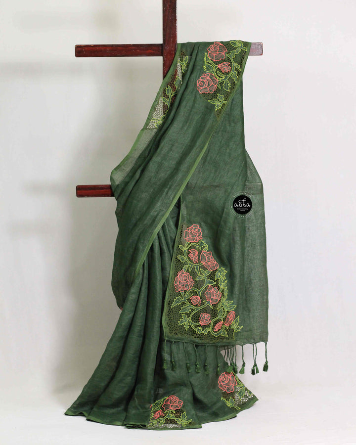 Dark Green Pure Linen Saree with Floral Twine Cutwork