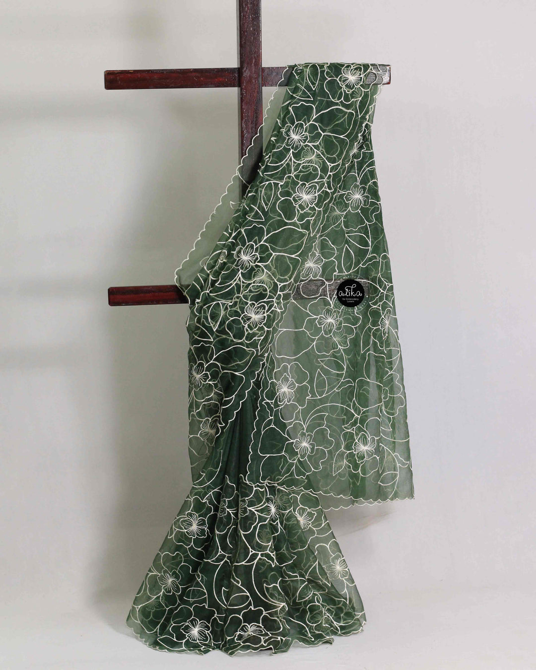 Dark Green Organza Saree with Floral White Machine Embroidery