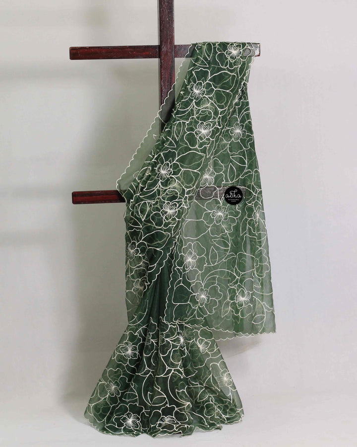 Dark Green Organza Saree with Floral White Machine Embroidery
