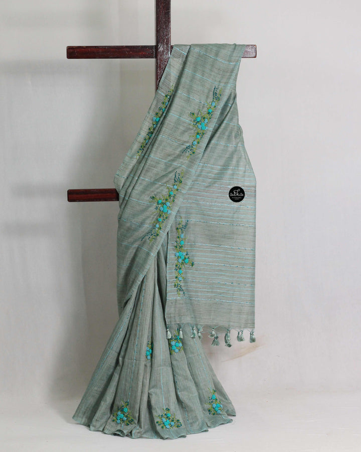 Gray Semi Linen Saree with Floral Hand Embroidery – Elegant Festive &amp; Occasion Wear