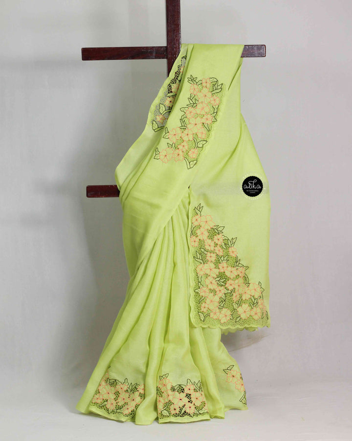 Lime Green Jute Saree with Floral Twine Cutwork