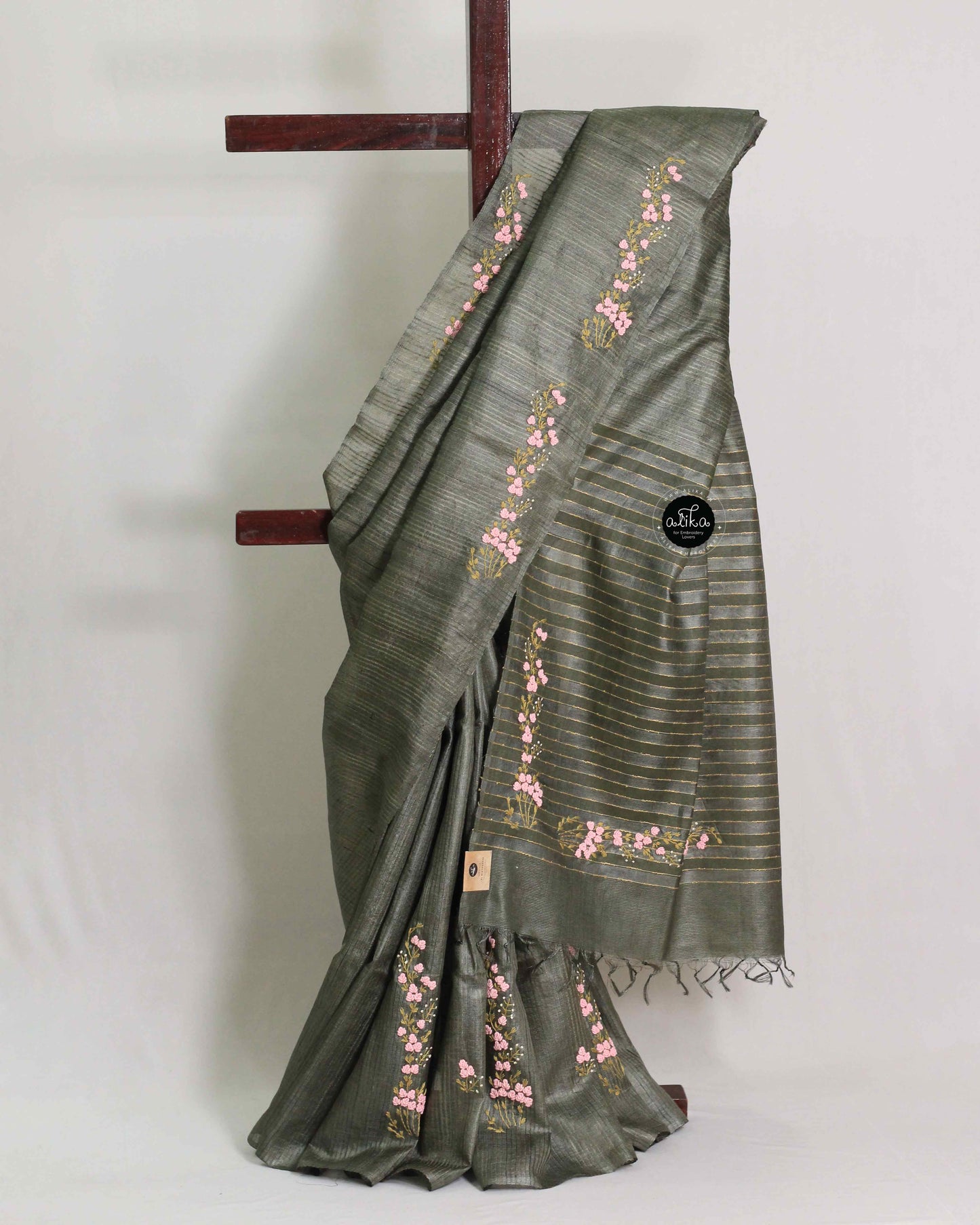 Dark Olive Pure Tussar Silk Saree with Floral Embroidery