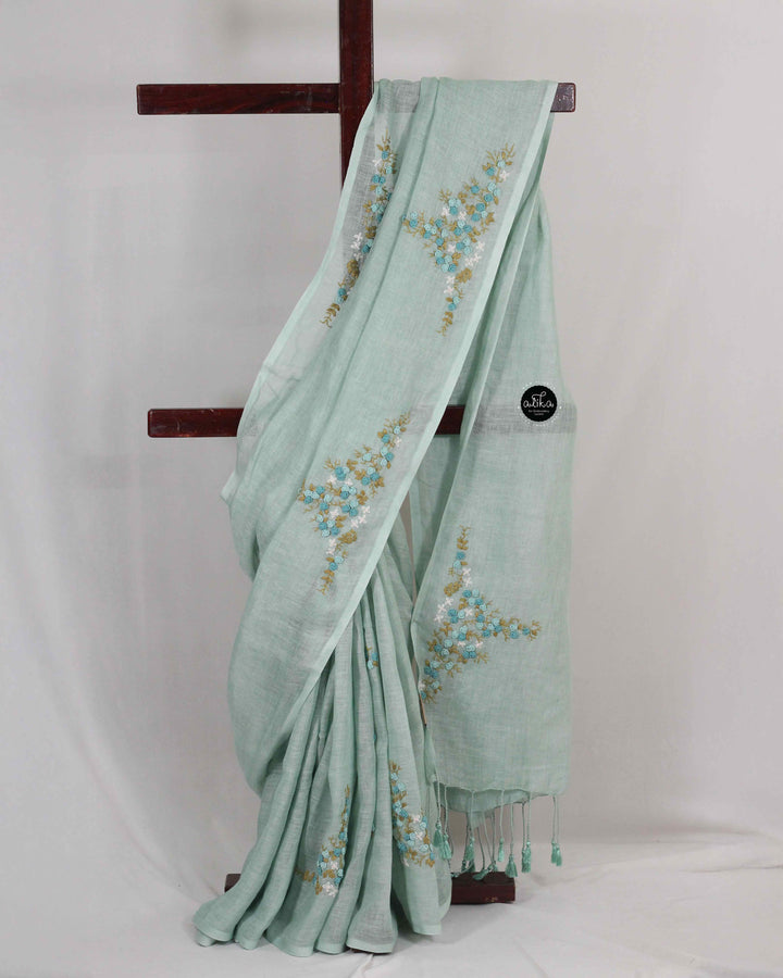 Bright Sea Green Pure Linen Saree with Floral Hand Embroidery