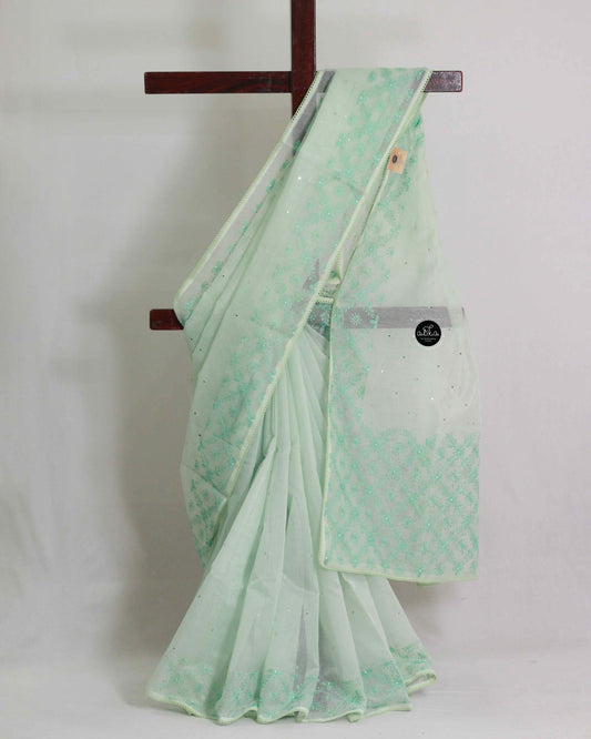 Pista Green Kota Saree with Machine Embroidery