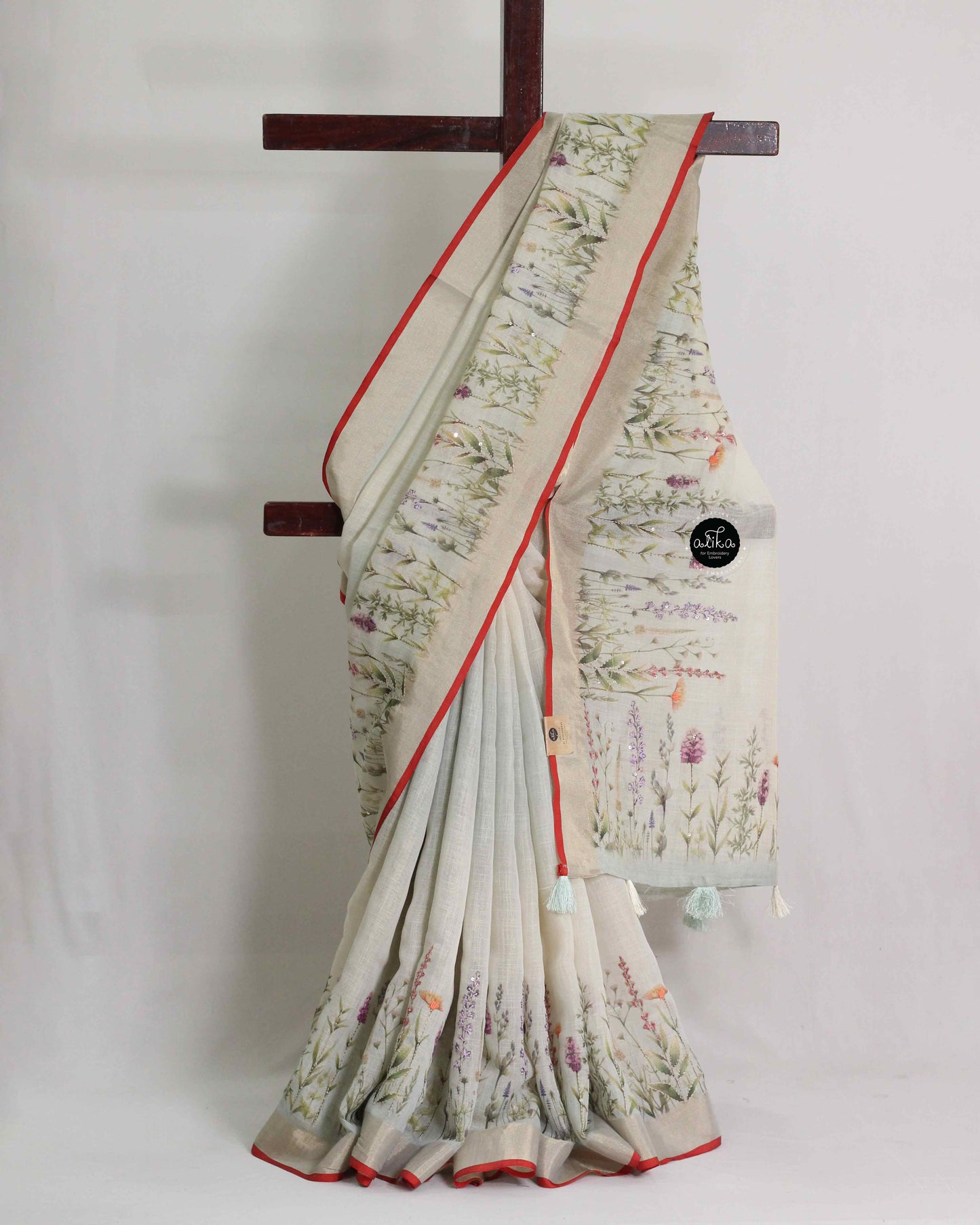 Linen Tissue Saree with Floral Print and Hand Embroidery