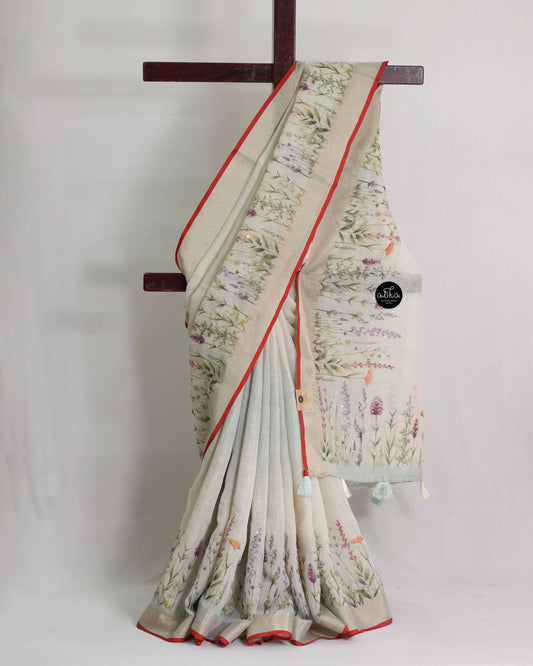 Linen Tissue Saree with Floral Print and Hand Embroidery