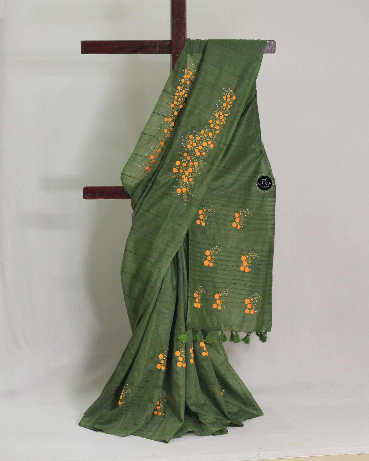 Green Semi Linen Saree with Floral Hand Embroidery
