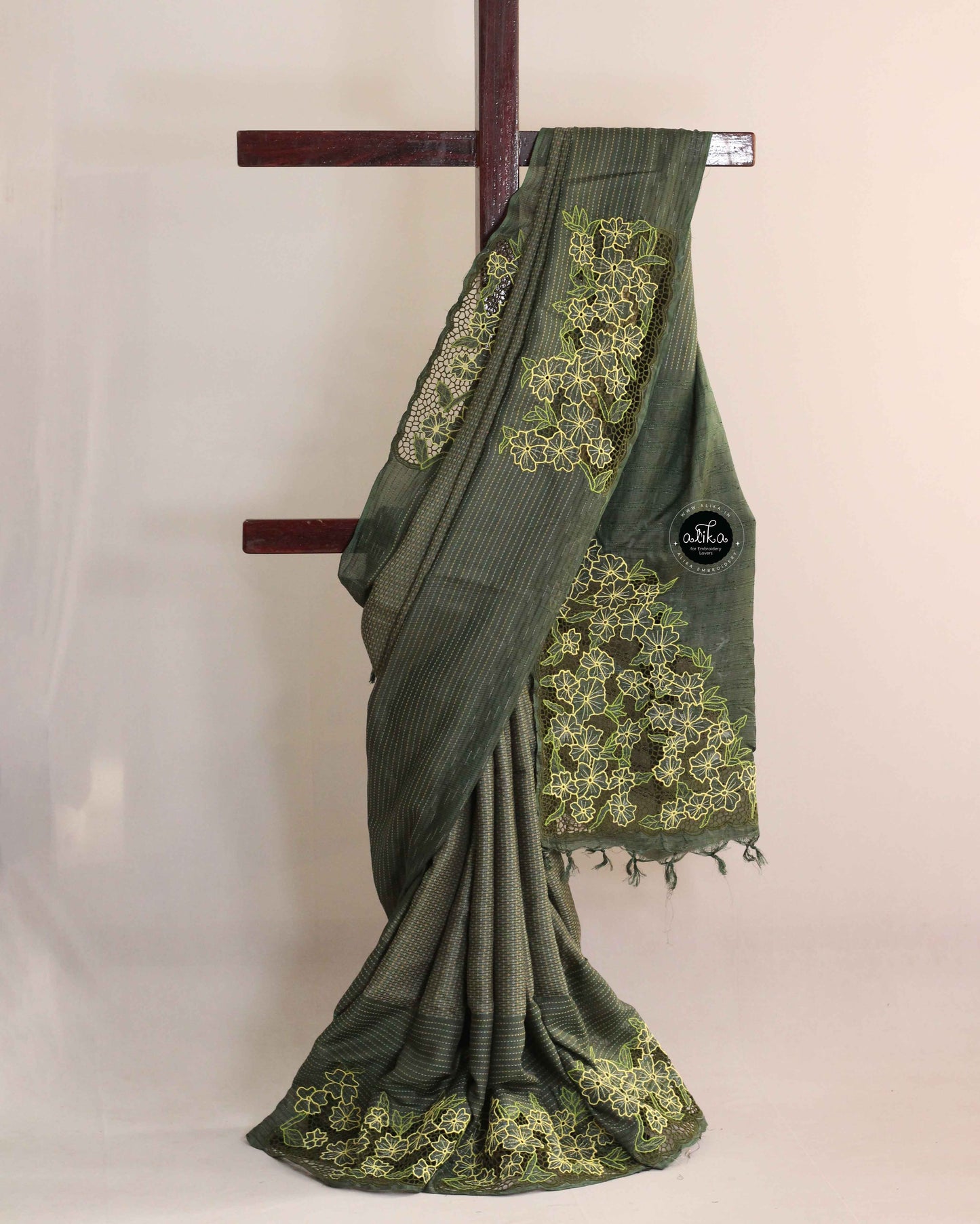 Green Tussar Silk Saree with Floral Twine Cutwork