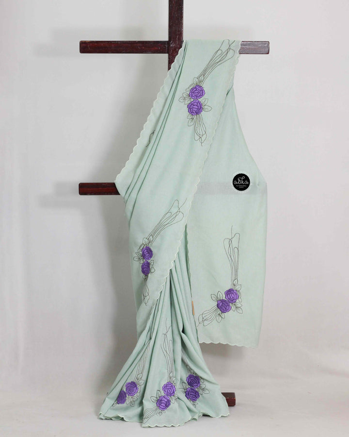 LIGHT GREEN SOFT SILK Saree WITH VIOLET FLORAL MACHINE EMBROIDERY