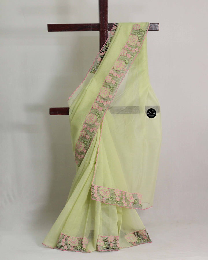 Pista Green Kota Saree with Pink Floral Cutwork