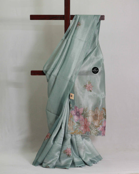 Ocean Green Chanderi Saree with Floral Applique Suqian Work