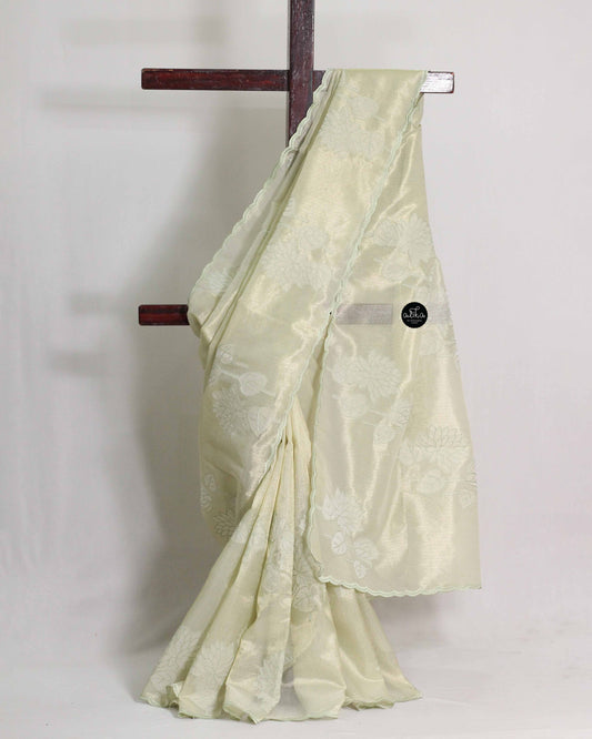 Pista Green Semi Tissue Saree with Appliqué Work and Printed blouse Material