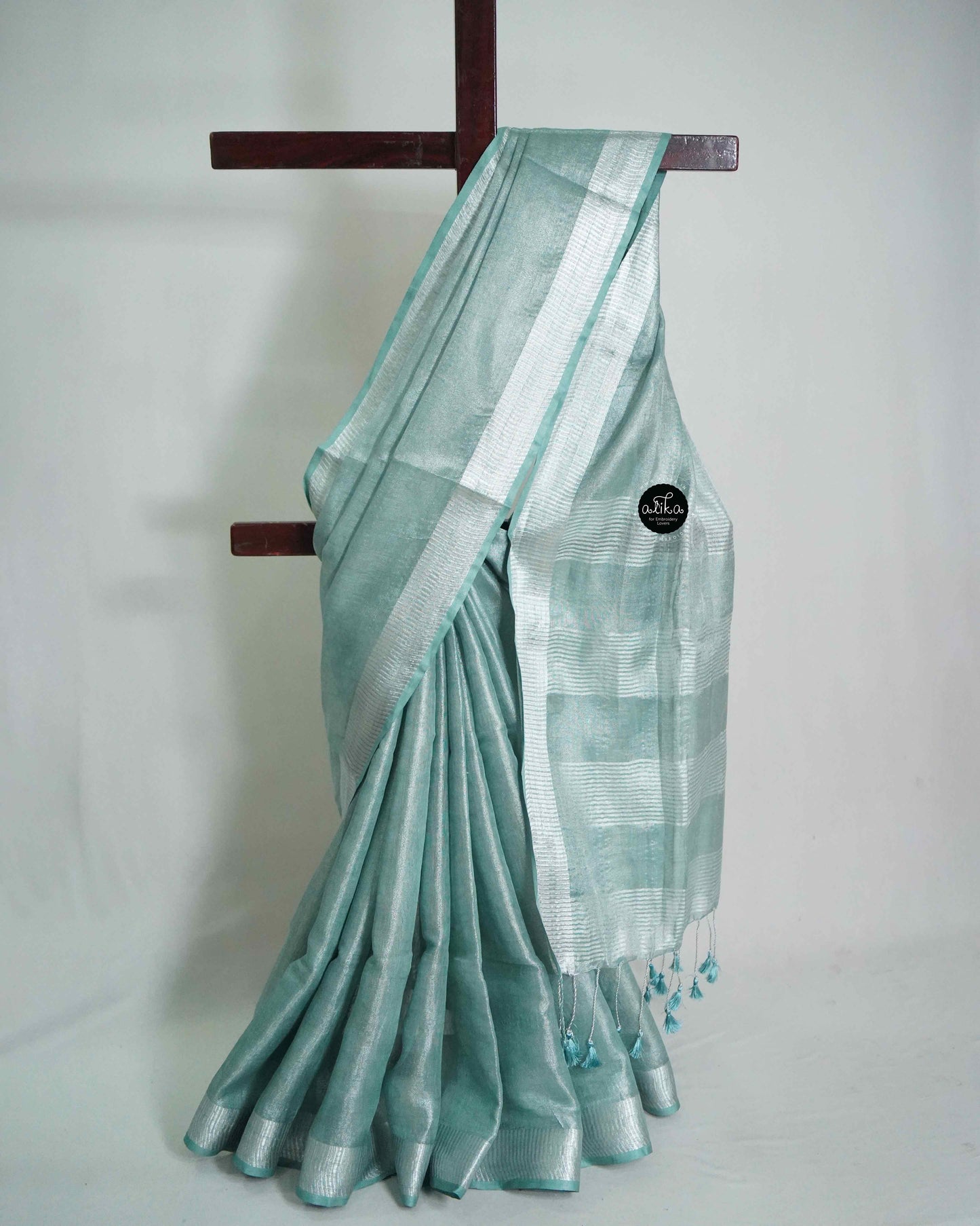 Light Aqua Green Pure Linen Saree with Zari Work & Silver Border