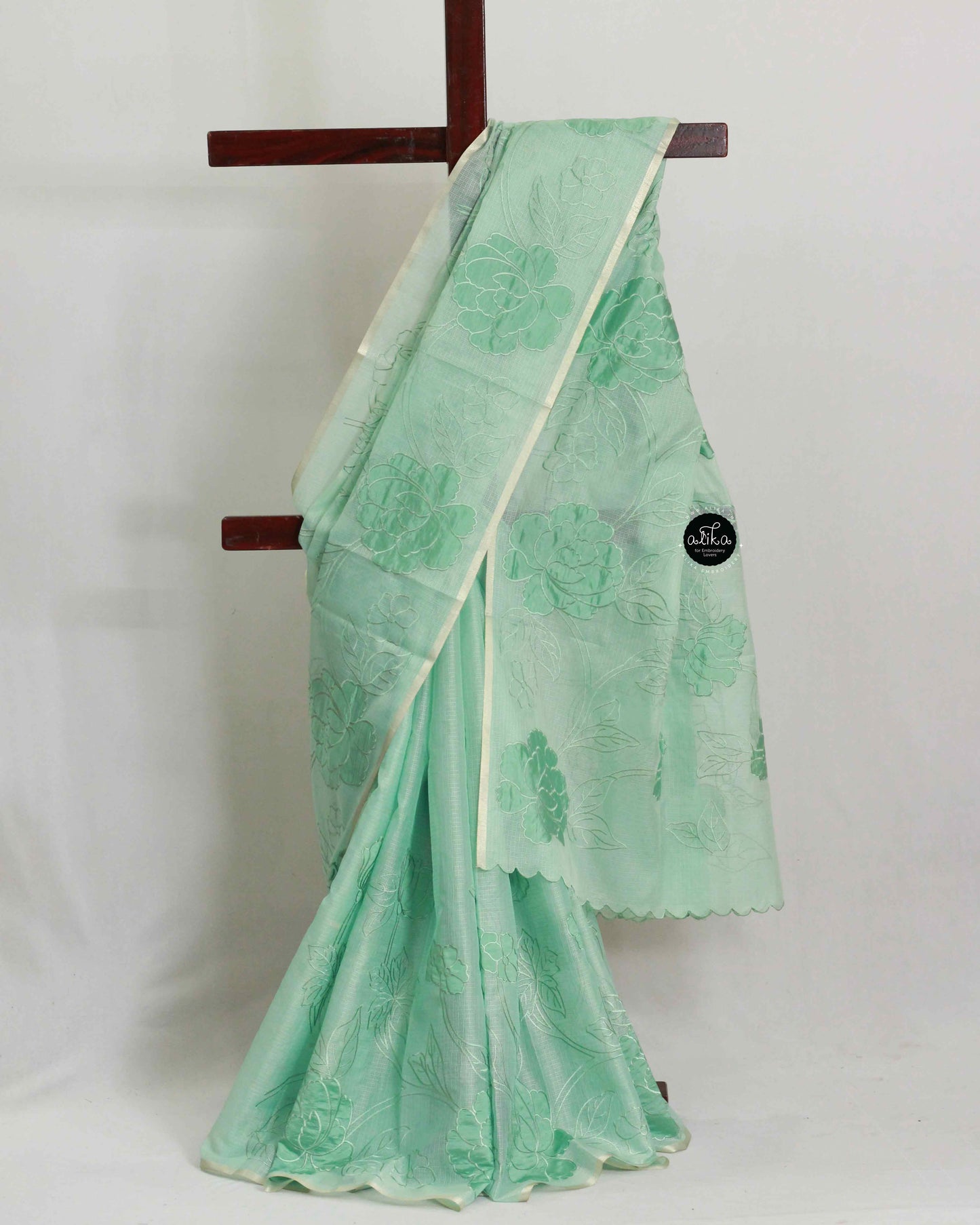 Light Aqua Green Semi Organza Saree with Floral Appliqué – Luxury Designer Wear