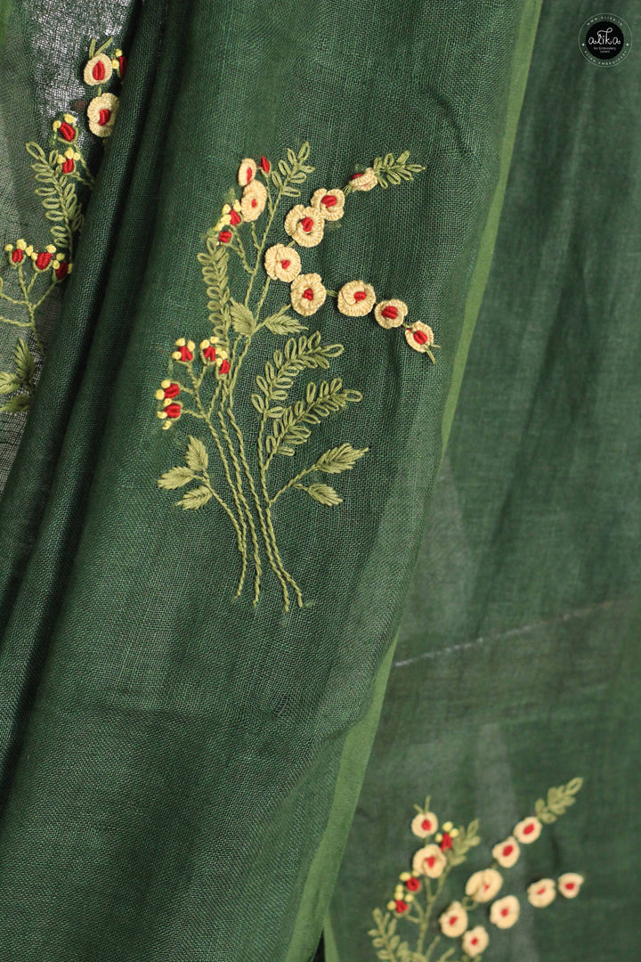 Dark Olive Green Pure Linen Saree with Floral Hand Embroidery