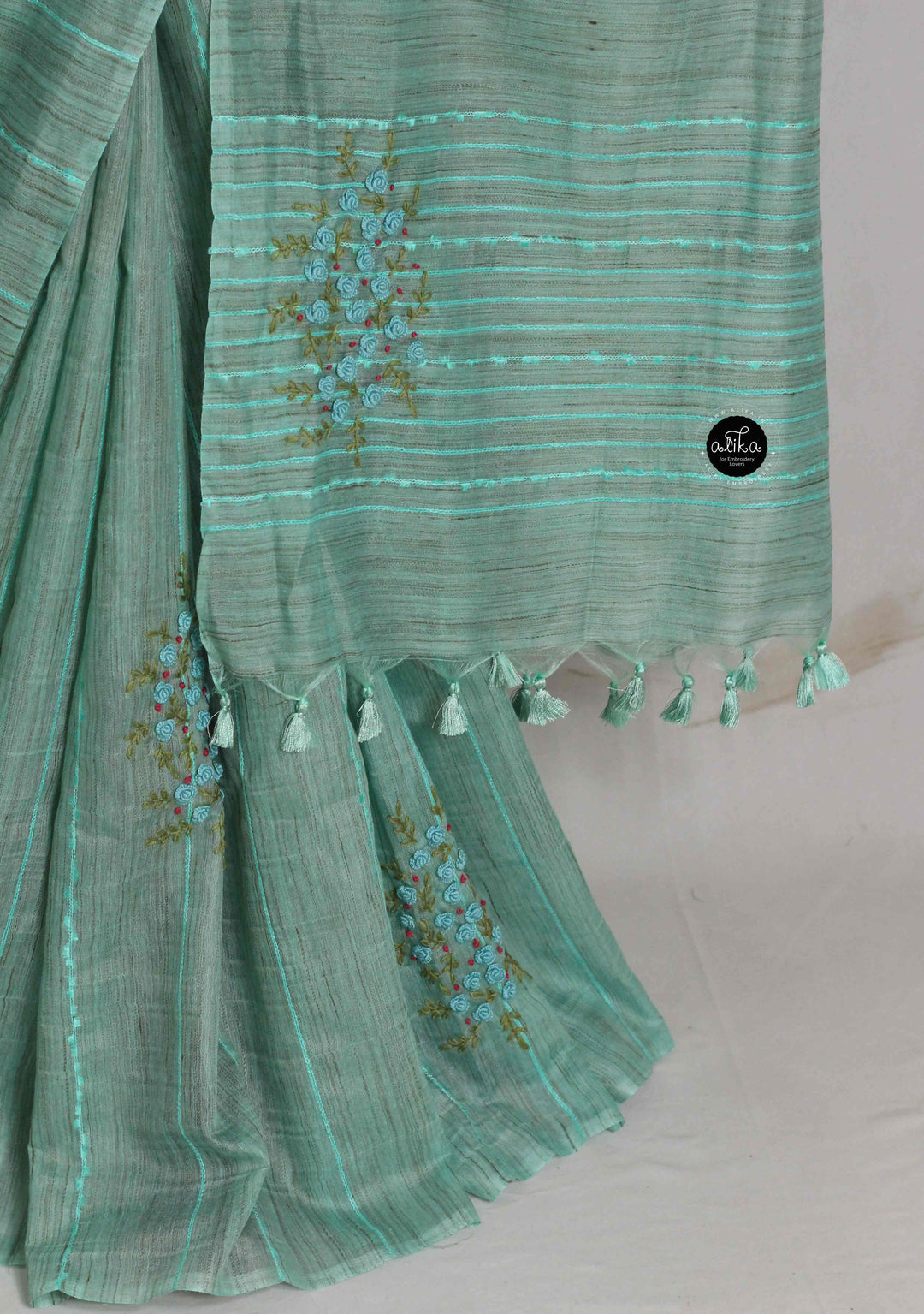Sea Blue Bamboo Silk Saree with Floral Hand Embroidery