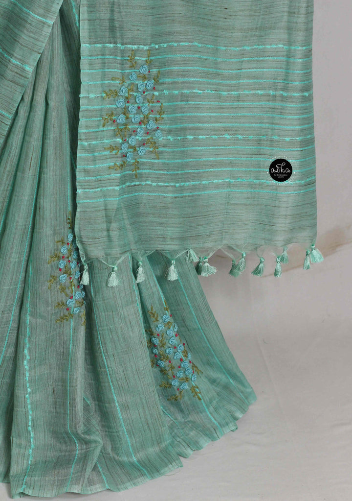 Sea Blue Bamboo Silk Saree with Floral Hand Embroidery