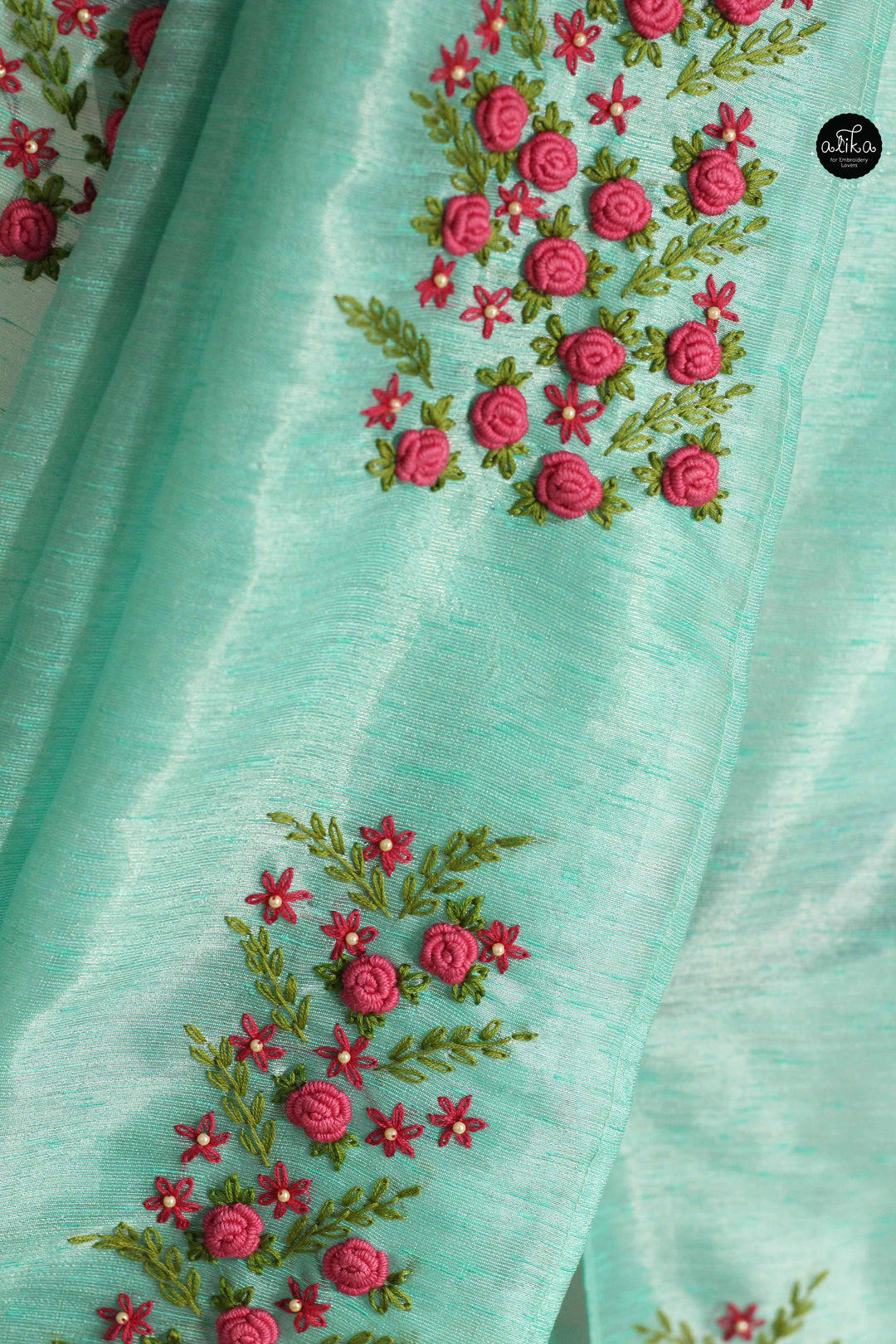 Turquoise Blue Designer Silk Saree with Floral Hand Embroidery