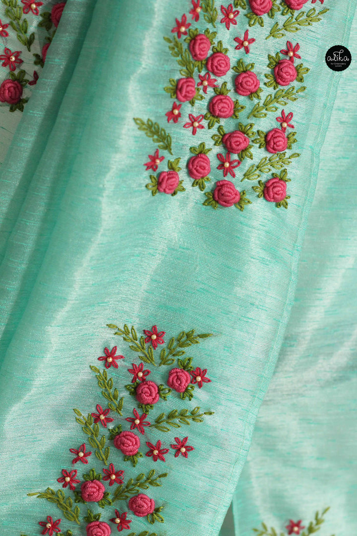 Turquoise Blue Designer Silk Saree with Floral Hand Embroidery