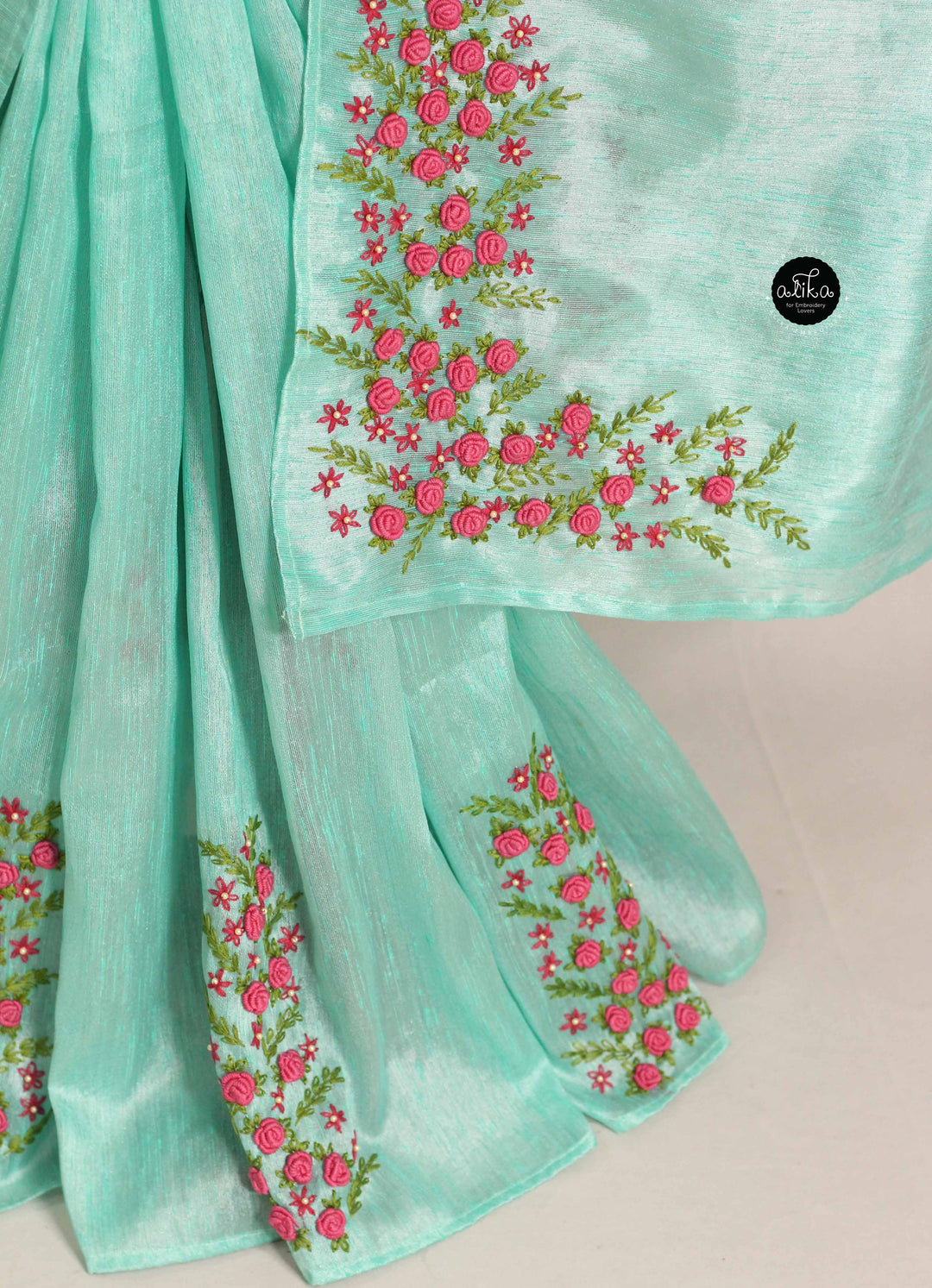Turquoise Blue Designer Silk Saree with Floral Hand Embroidery