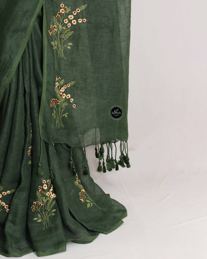 Dark Olive Green Pure Linen Saree with Floral Hand Embroidery