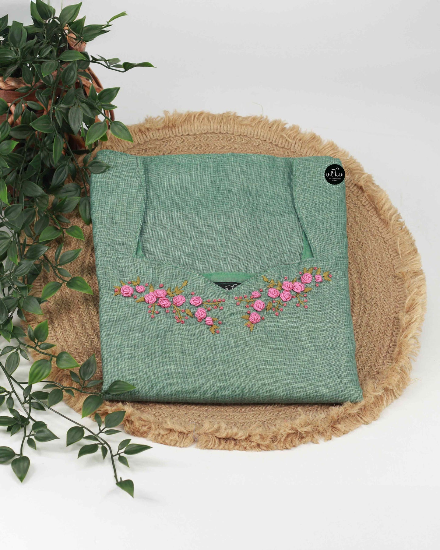 Mint Green Semi-Linen Embroidered Kurti for Women | Floral Handwork