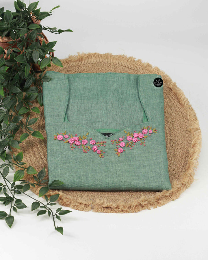 Mint Green Semi-Linen Embroidered Kurti for Women Floral Handwork