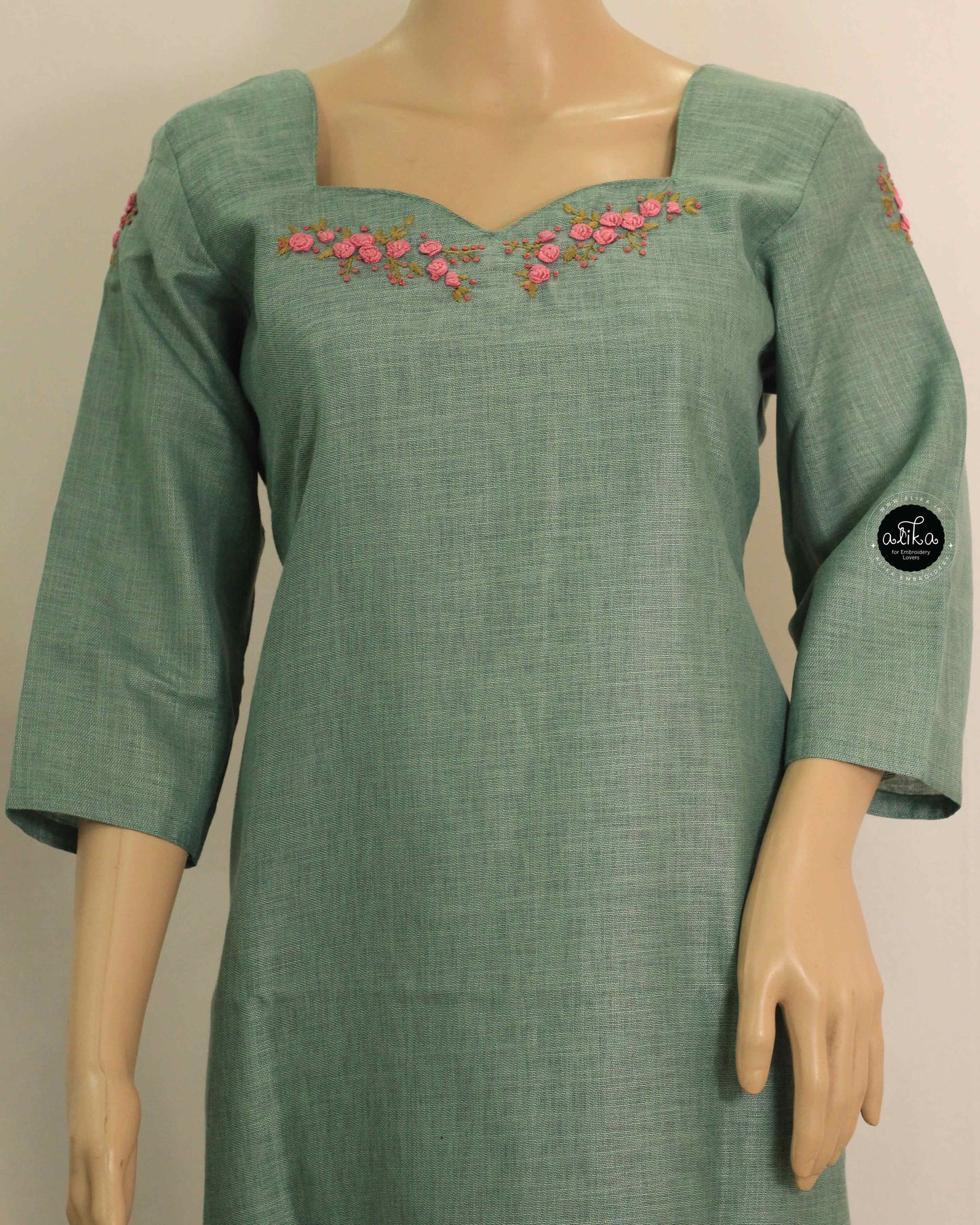 Mint Green Semi-Linen Embroidered Kurti for Women | Floral Handwork