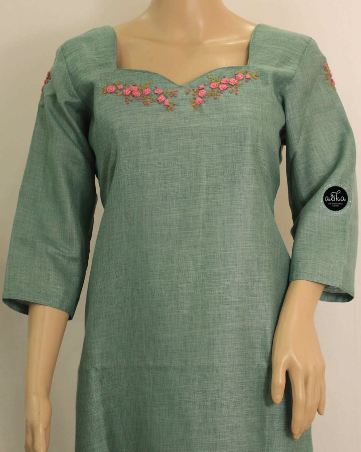 Mint Green Semi-Linen Embroidered Kurti for Women Floral Handwork