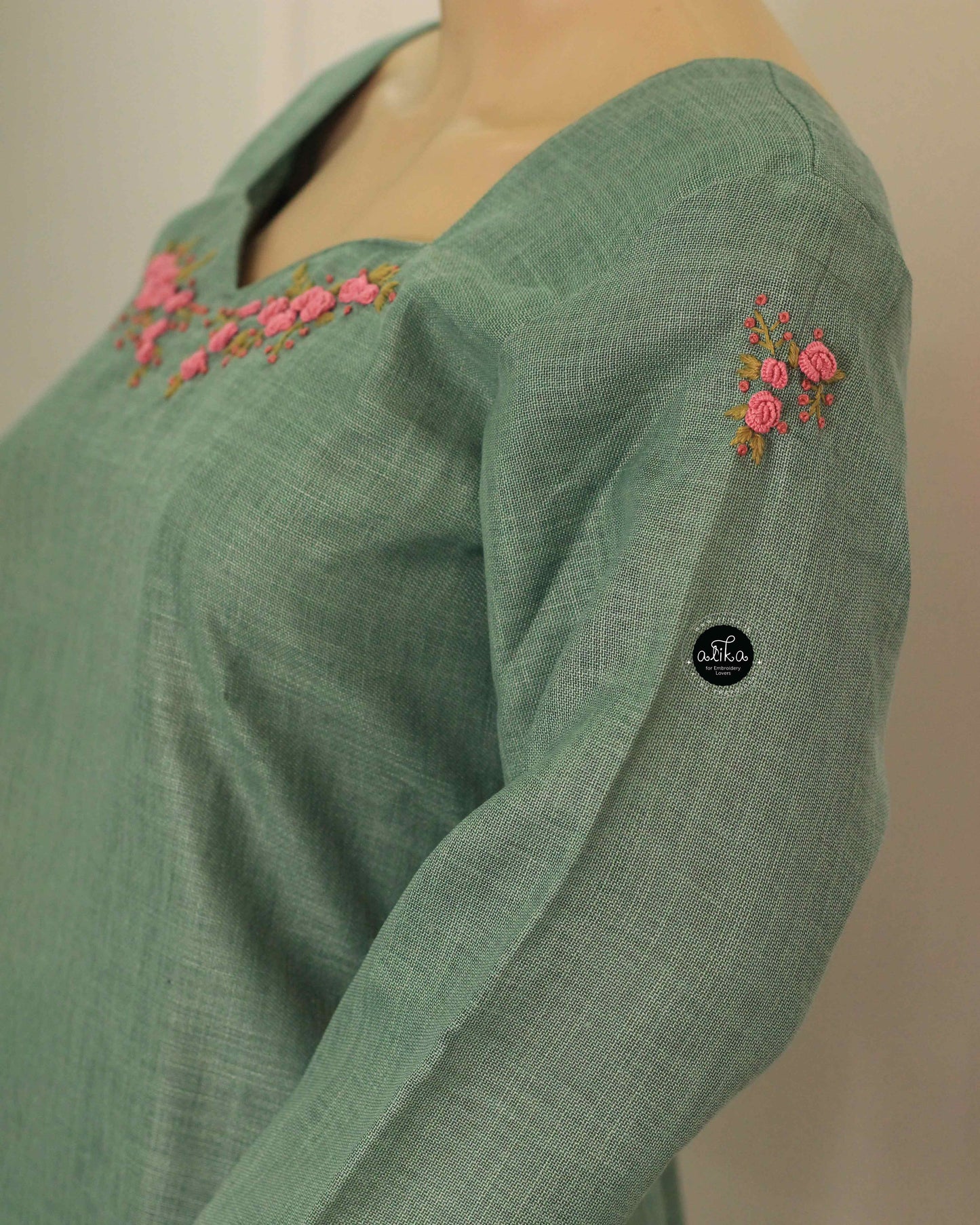 Mint Green Semi-Linen Embroidered Kurti for Women | Floral Handwork