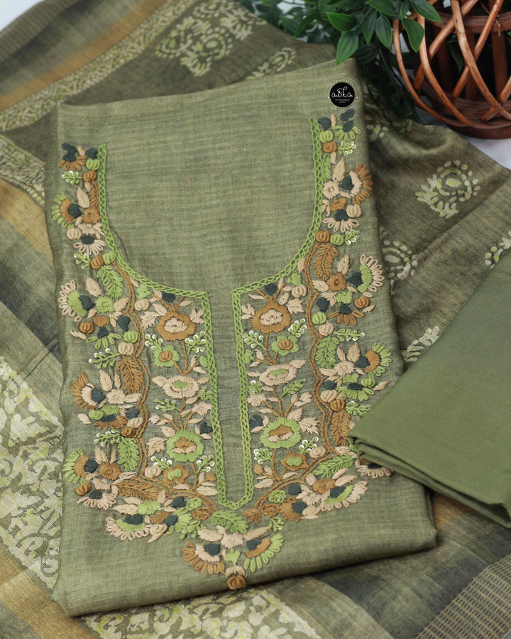 Green Semi Silk Unstitched Salwar Set with Floral Hand Embroidery