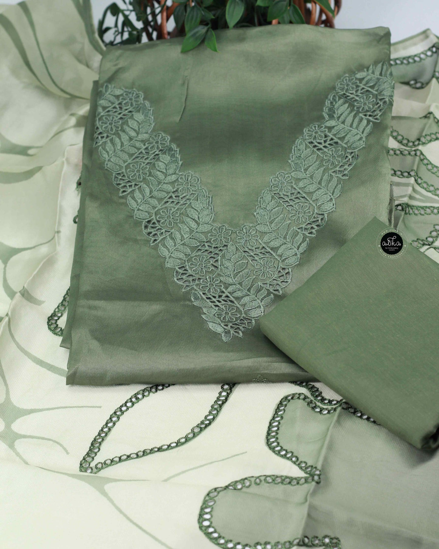 Green Floral Cutwork Semi Silk Unstitched Salwar Set with Machine Embroidery