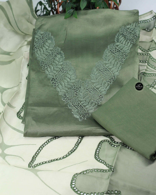 Green Floral Cutwork Semi Silk Unstitched Salwar Set with Machine Embroidery