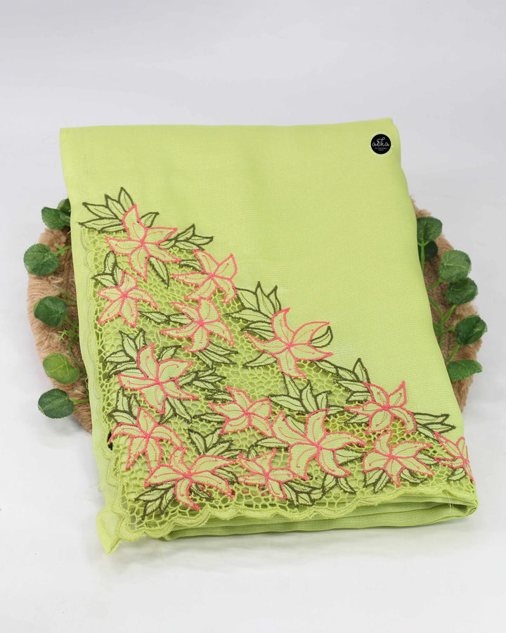 Lime Green Jute Saree with Floral Twine Cutwork