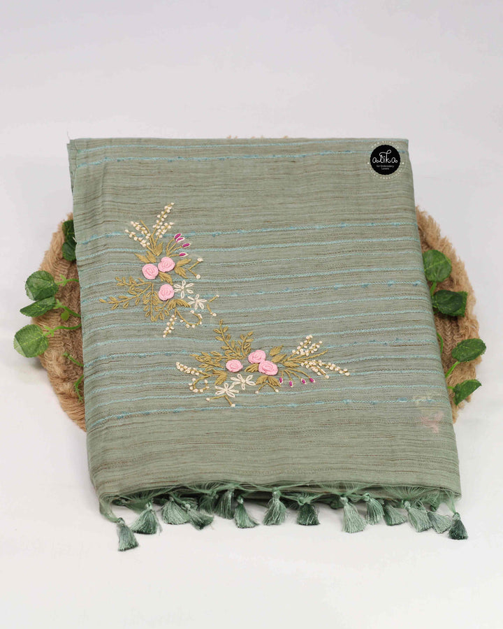 Sage Green Bamboo Silk Saree with Floral Hand Embroidery