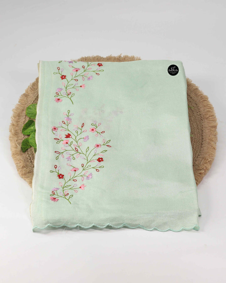 Light Pista Green Crispy Georgette Saree with Floral Machine Embroidery
