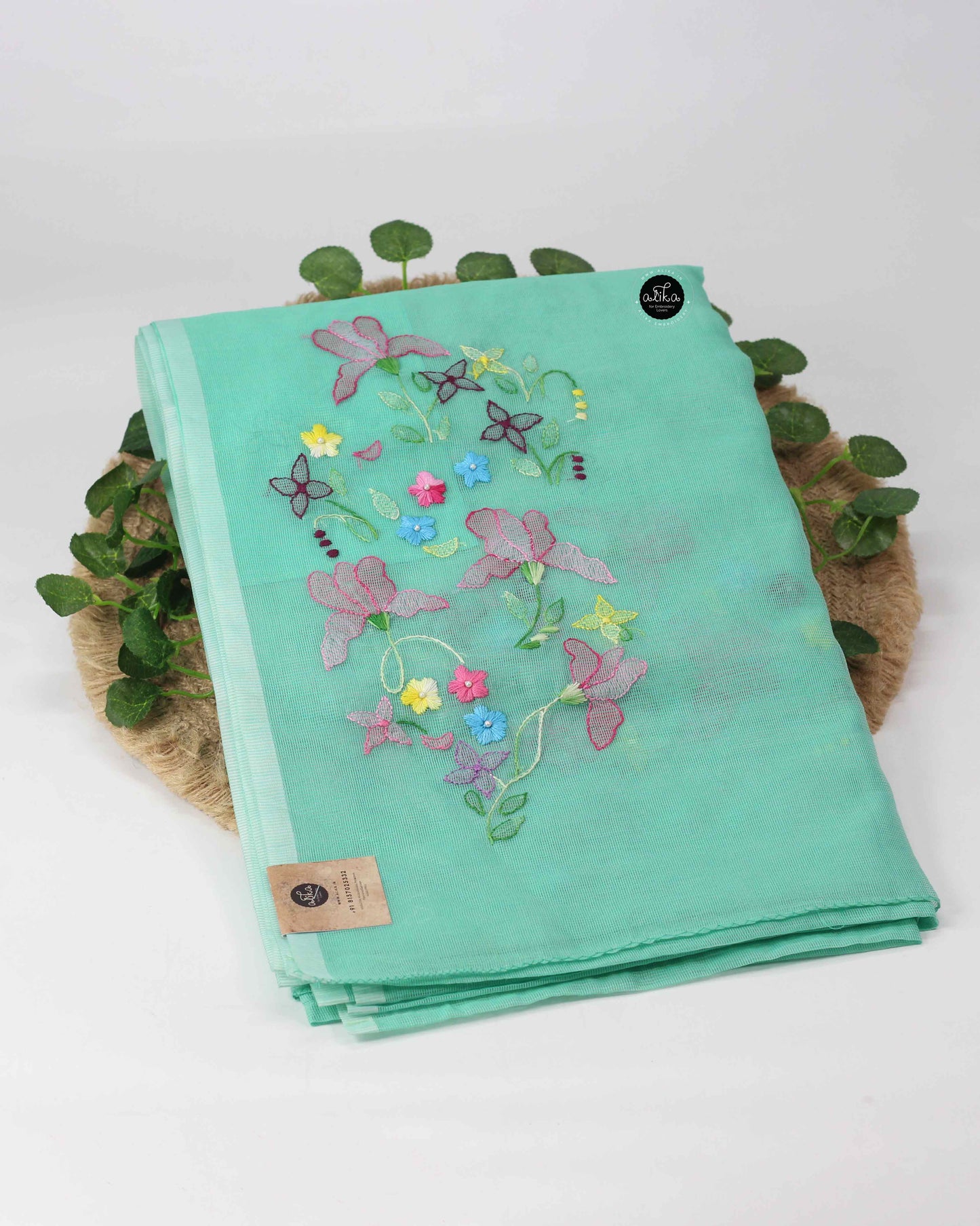 Bright Mint Green Kota Saree with Shadow Embroidery