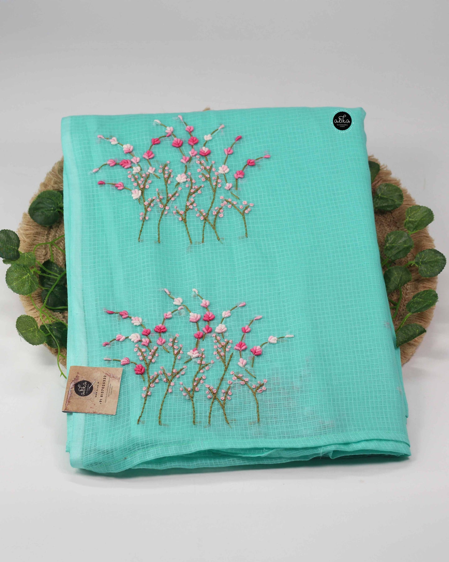Aqua Green Cotton Kota Saree with Hand Embroidery