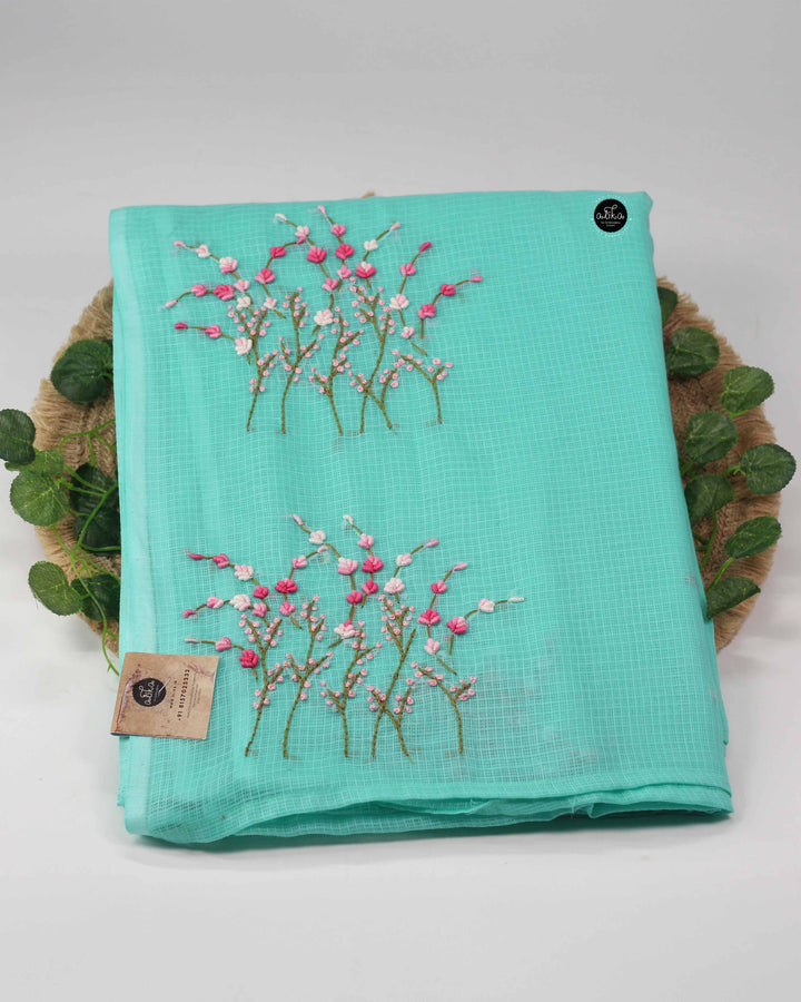 Aqua Green Cotton Kota Saree with Hand Embroidery