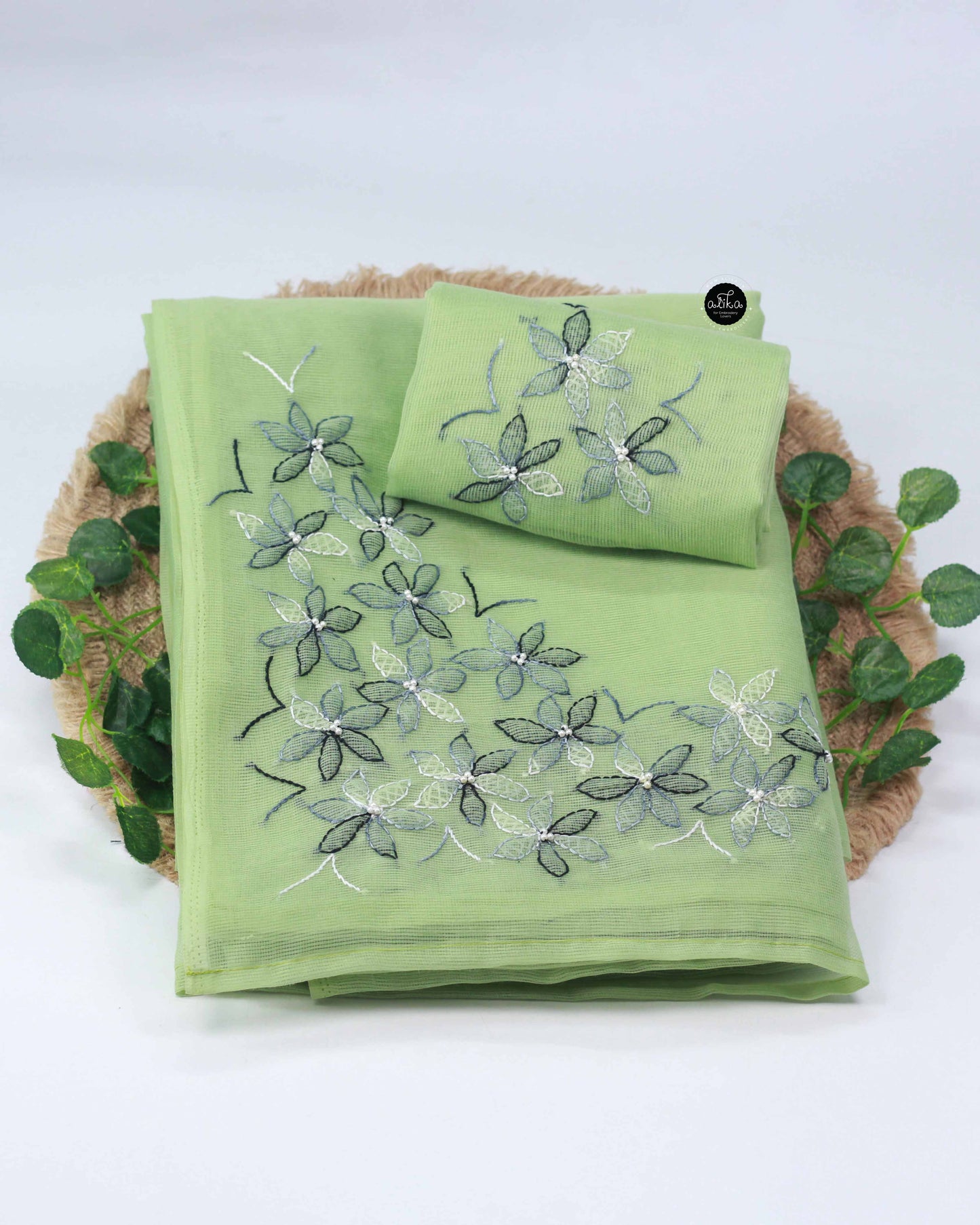 Light Green Kota Saree with Floral Shadow Work Embroidery